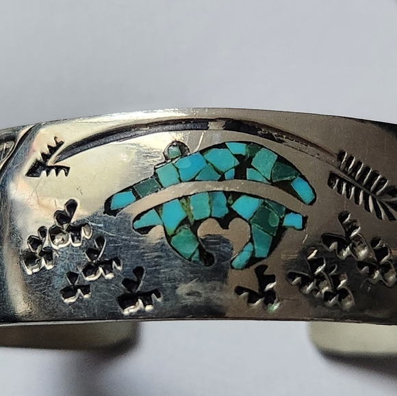 Navajo Turquoise Chip Inlay Cuff Bracelet Signed CH - Picture 10 of 11